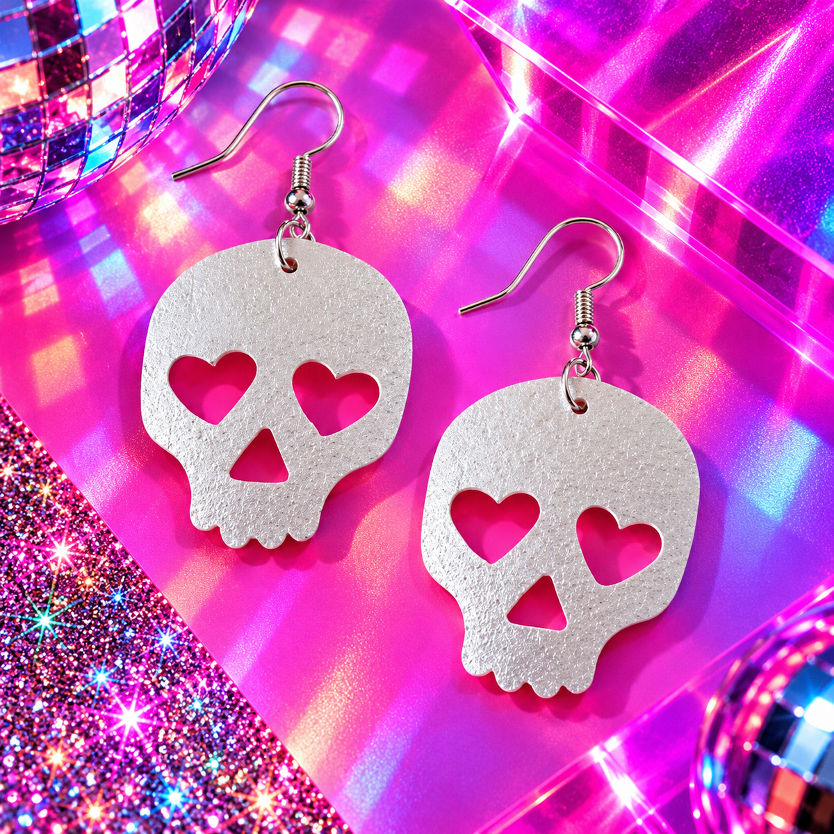 Silver-white skull drop earrings with heart-shaped eye cutouts on a vibrant pink and purple disco-inspired background with glitter and mirrored reflections.