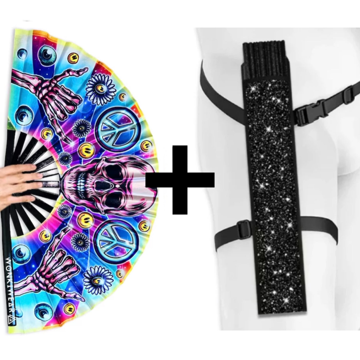 Skeleton Peace XL festival fan with optional shimmer fan black holster bundle