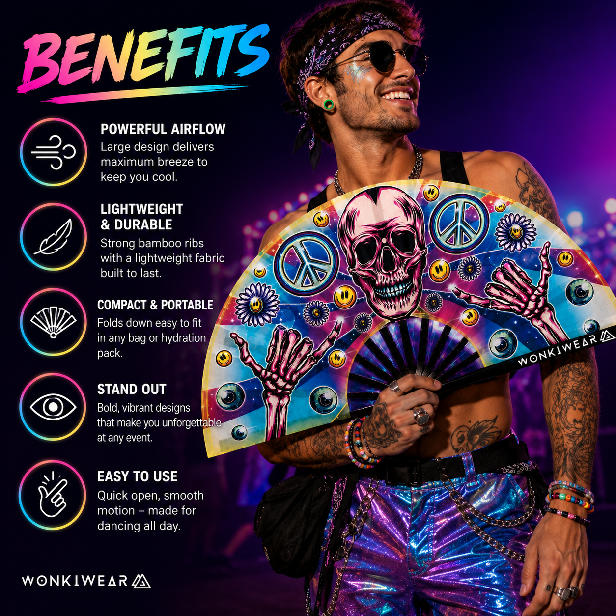 Male raver using Skeleton Peace XL festival fan at music festival