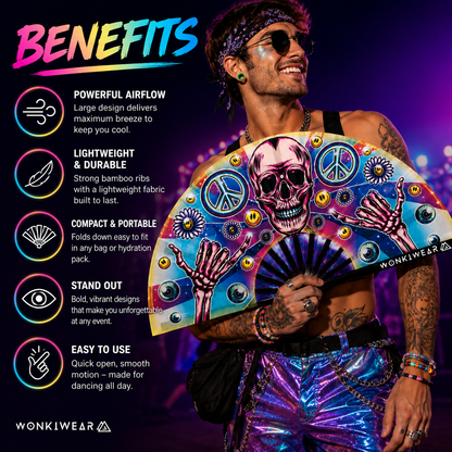 Male raver using Skeleton Peace XL festival fan at music festival