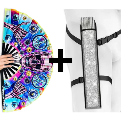 Skeleton Peace XL festival fan with optional shimmer fan silver holster bundle