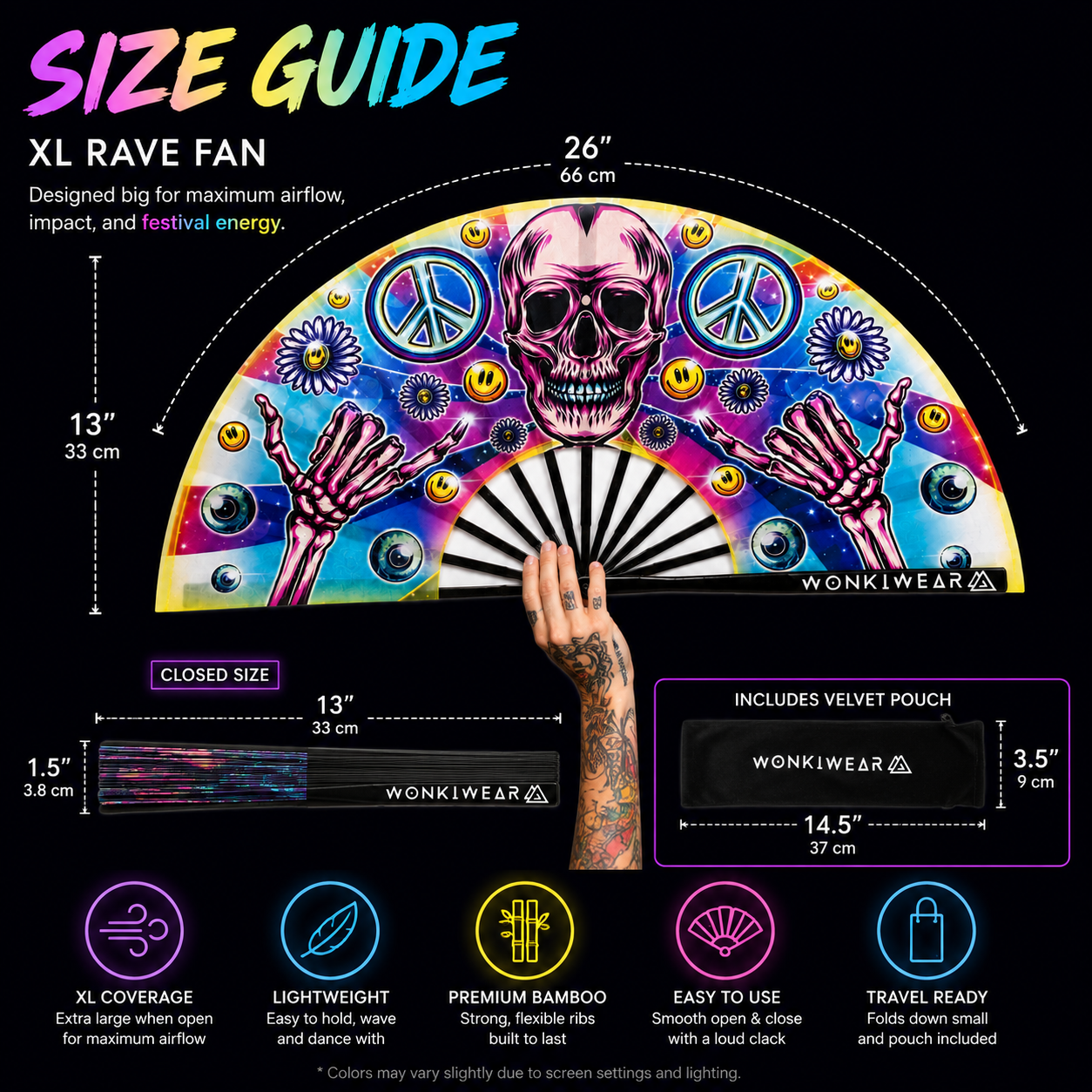 Skeleton Peace XL festival fan dimensions showing 26 inch width and 13.5 inch folded length