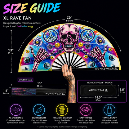 Skeleton Peace XL festival fan dimensions showing 26 inch width and 13.5 inch folded length