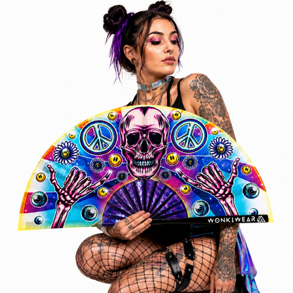 Festival model holding Skeleton Peace XL UV reactive rave fan