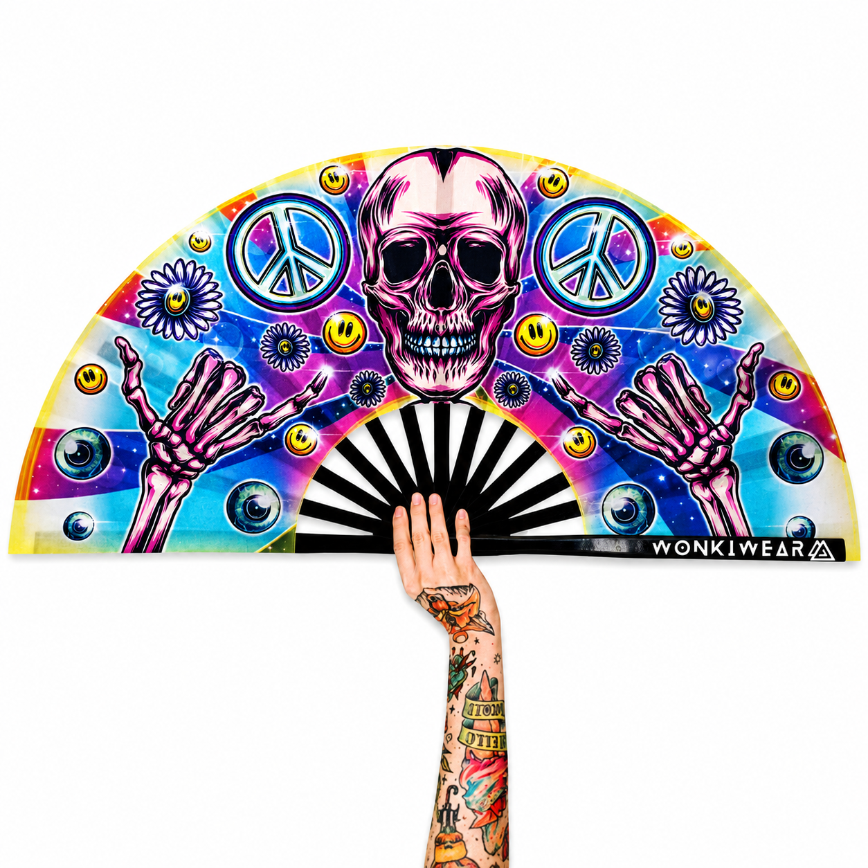 Skeleton Peace XL festival fan featuring pink skull artwork, peace symbols and black bamboo ribs