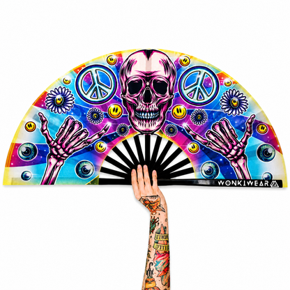 Skeleton Peace XL festival fan featuring pink skull artwork, peace symbols and black bamboo ribs