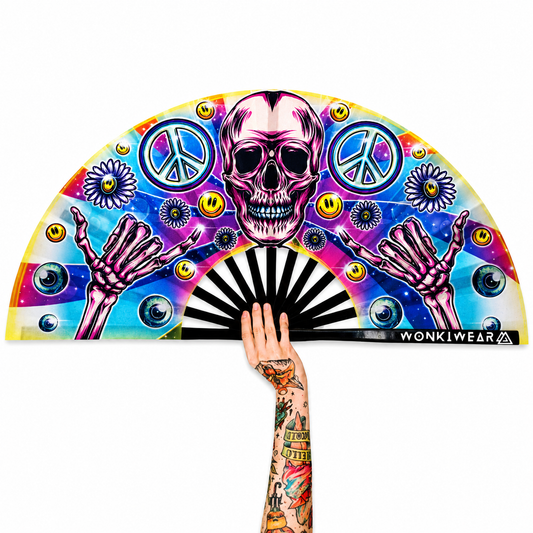 Skeleton Peace XL festival fan featuring pink skull artwork, peace symbols and black bamboo ribs