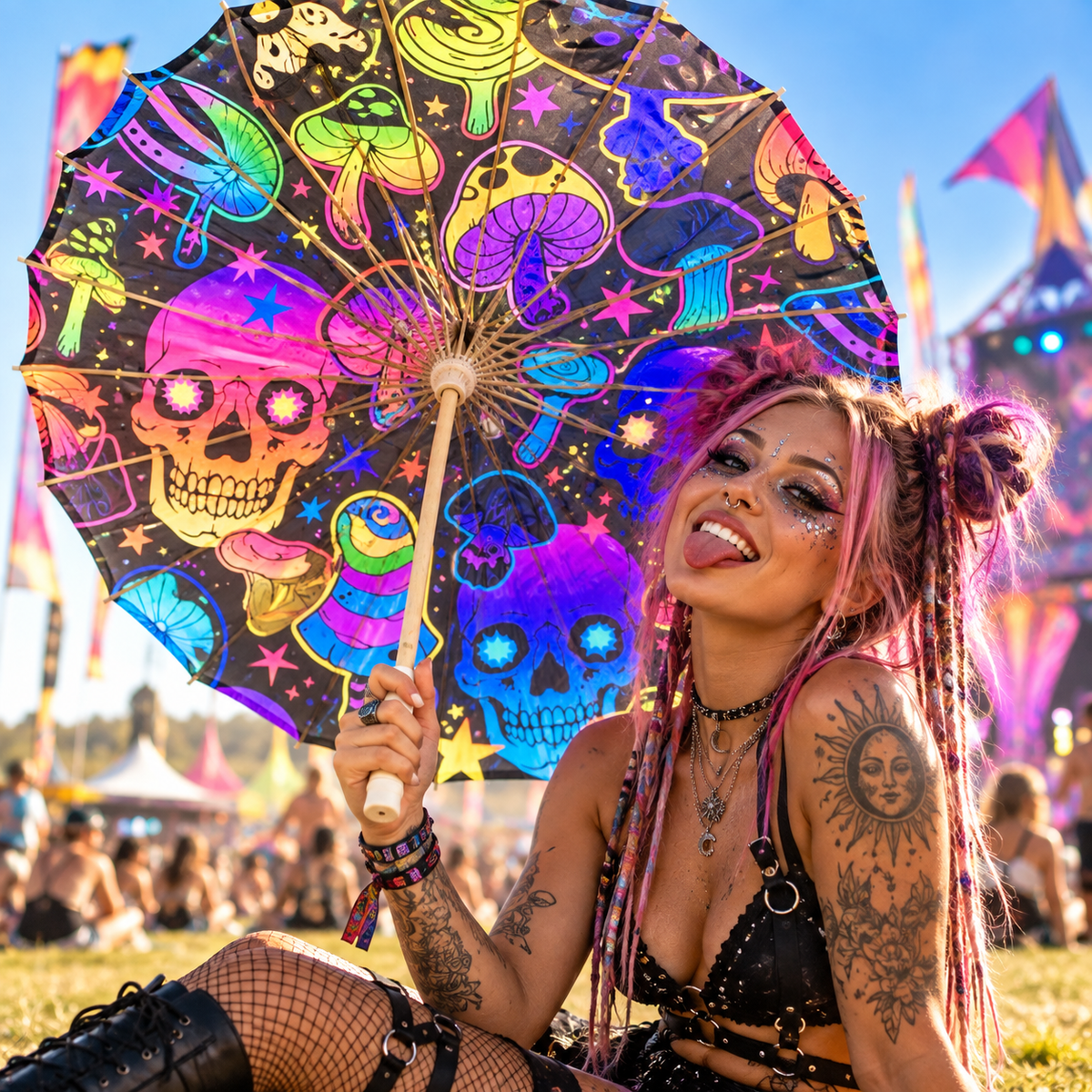 Colourful skulls and mushrooms festival parasol held by a woman at a vibrant outdoor rave.