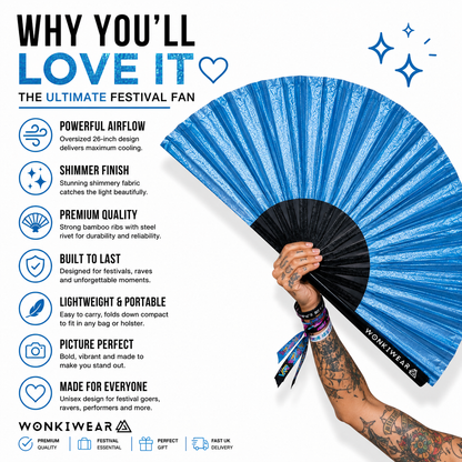 Benefits infographic showing features of WonkiWear sky blue shimmer festival fan