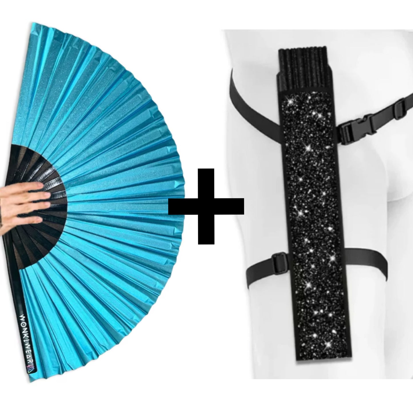 WonkiWear sky blue shimmer festival fan with matching black fan holster