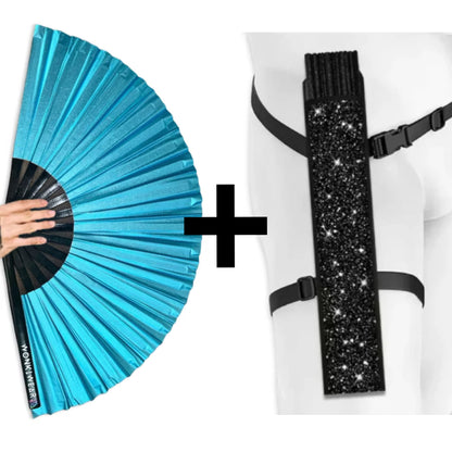 WonkiWear sky blue shimmer festival fan with matching black fan holster