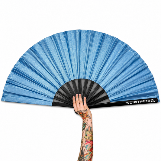 XL sky blue shimmer festival fan with black bamboo ribs and WonkiWear logo