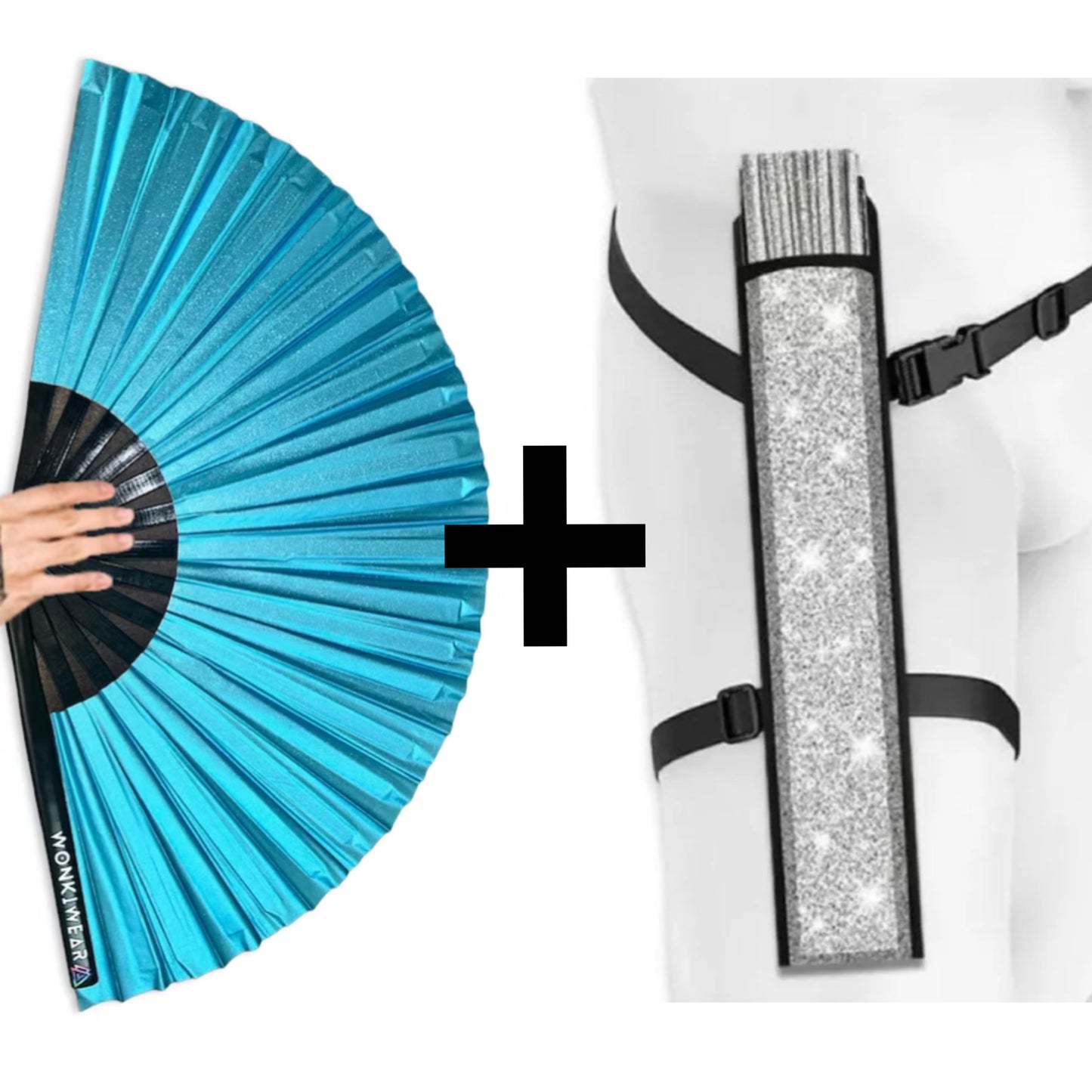 WonkiWear sky blue shimmer festival fan with matching silver fan holster