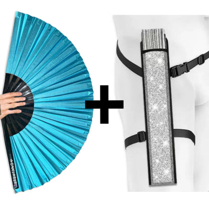 WonkiWear sky blue shimmer festival fan with matching silver fan holster