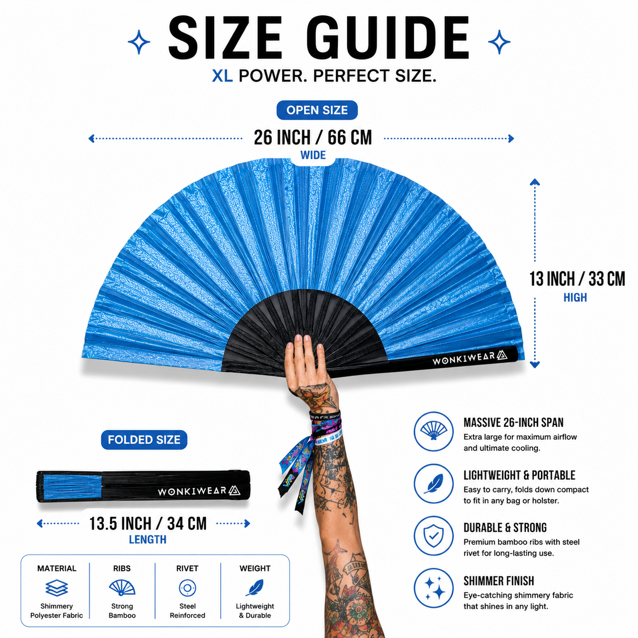 Size infographic showing 26 inch dimensions of XL sky blue shimmer festival fan