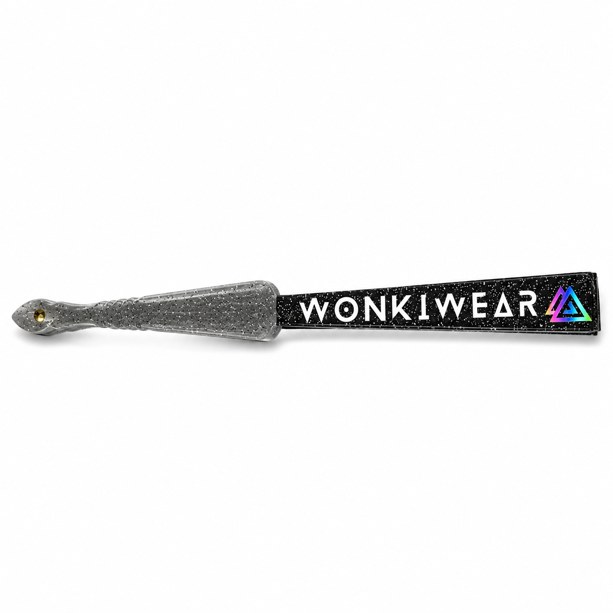 Close-up of folded black glitter fan showing transparent plastic handle filled with silver glitter speckles