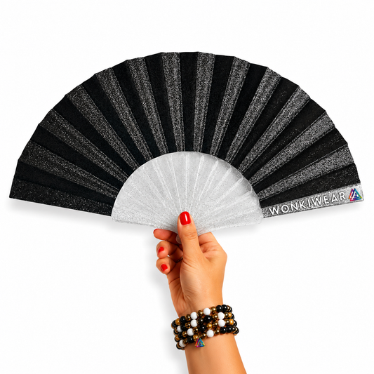 Small black glitter folding festival fan with transparent glitter-filled plastic ribs and black sparkle fabric