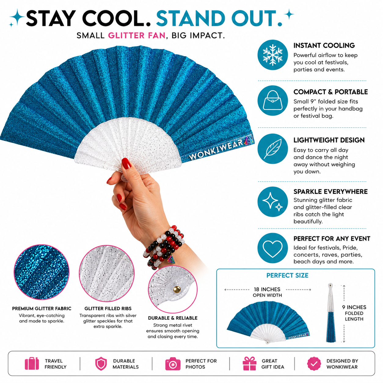 Benefits infographic showing features of blue glitter folding fan