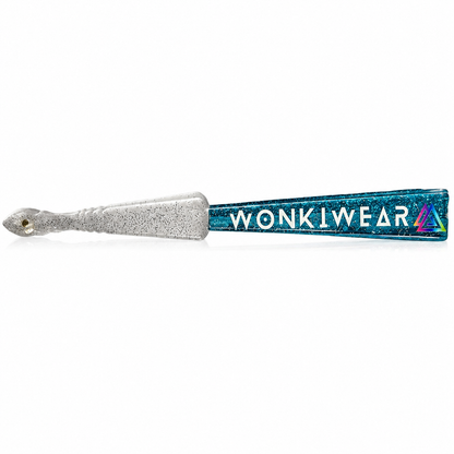 Folded blue glitter fan showing transparent plastic handle with silver glitter speckles