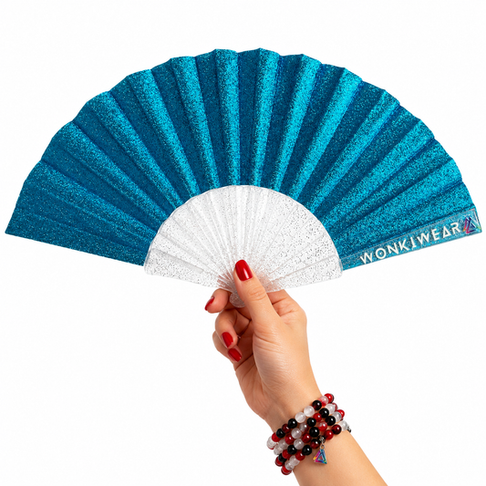 Small blue glitter folding hand fan with transparent glitter-filled plastic ribs