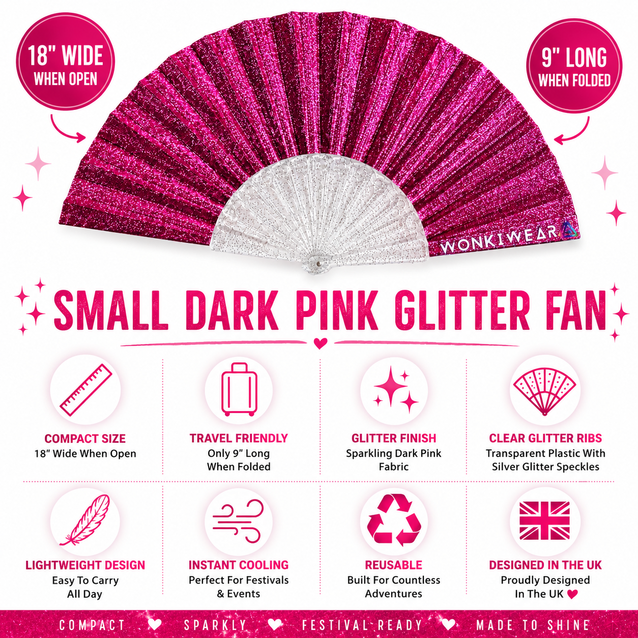 Benefits infographic showing features of bright pink glitter folding fan