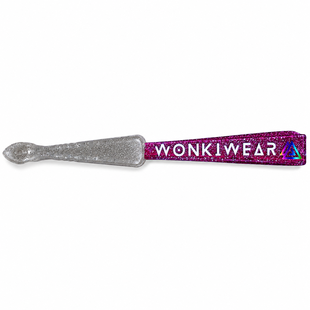 Folded bright pink glitter festival fan with transparent glitter-filled handle