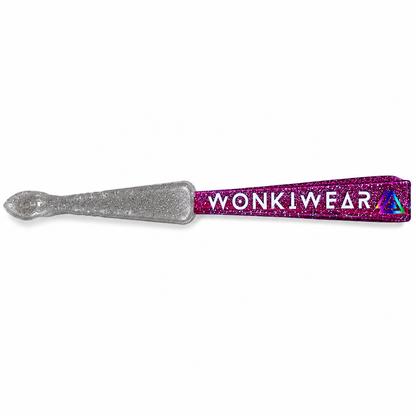 Folded bright pink glitter festival fan with transparent glitter-filled handle