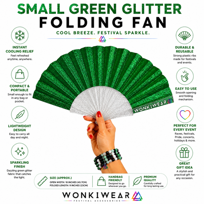 Benefits infographic showing features of the small green glitter folding fan