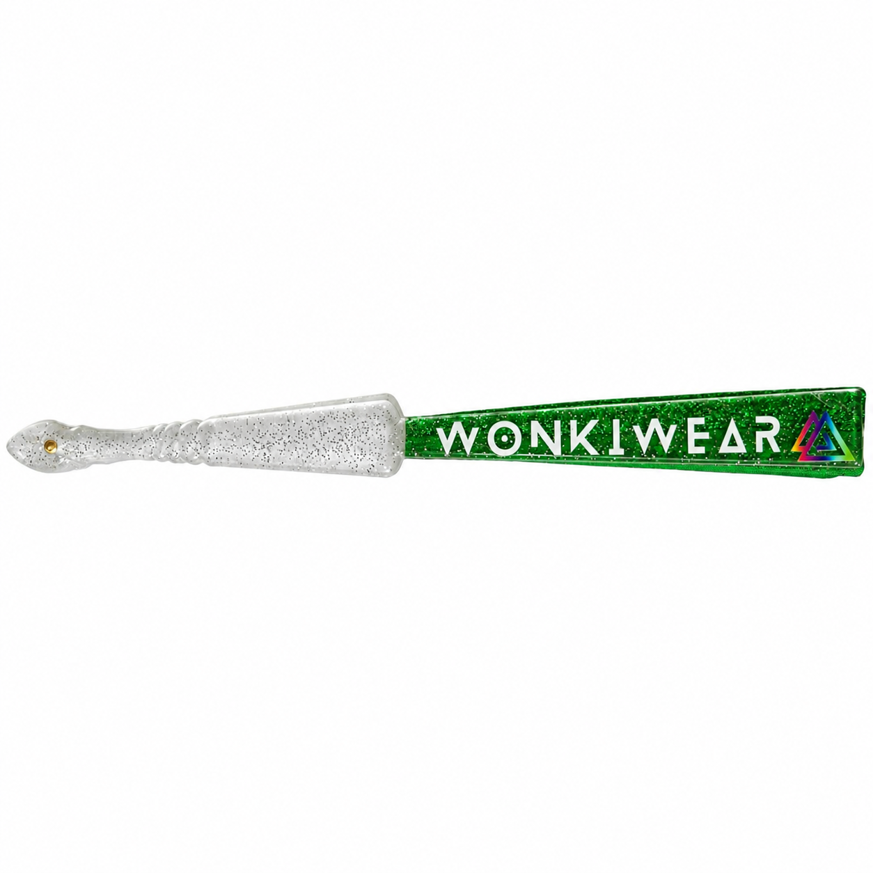 Close-up of folded green glitter fan showing transparent plastic handle with silver glitter speckles