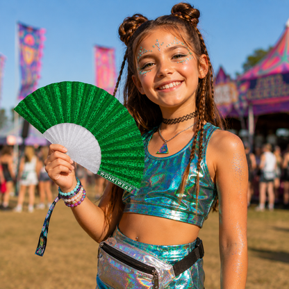 Child holding green glitter folding fan at outdoor festival event