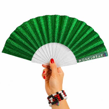 Small green glitter folding festival fan with transparent glitter-filled plastic ribs and sparkling emerald green fabric