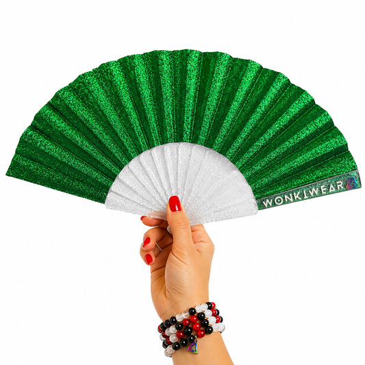 Small green glitter folding festival fan with transparent glitter-filled plastic ribs and sparkling emerald green fabric