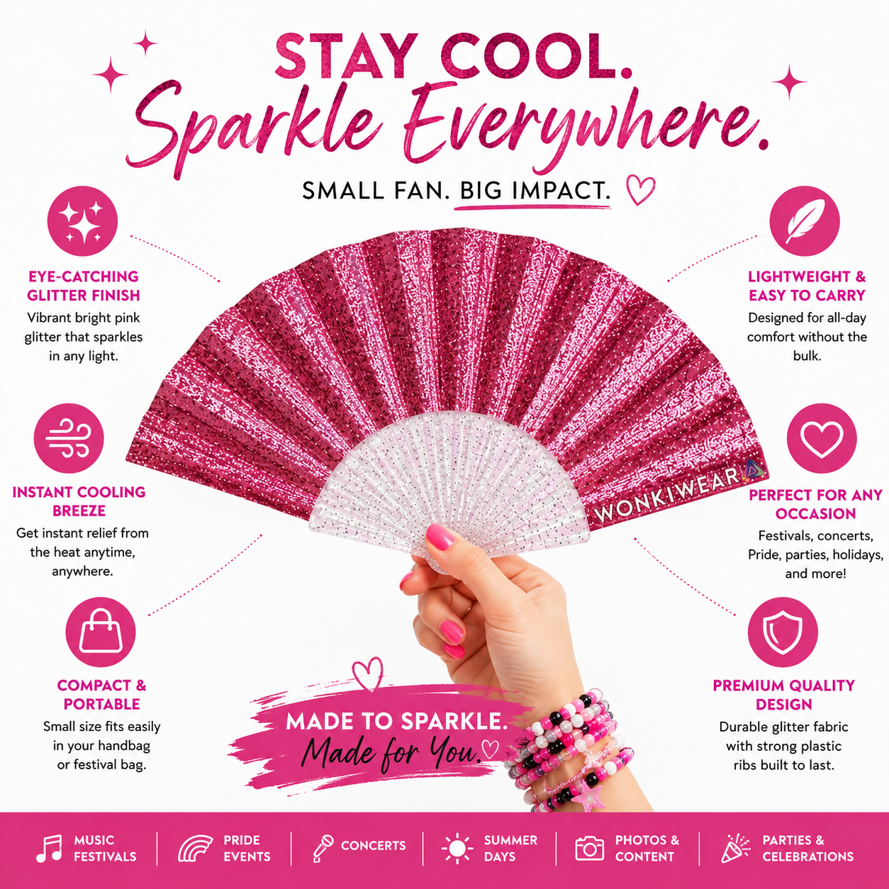 Benefits infographic showing features of light pink glitter folding fan