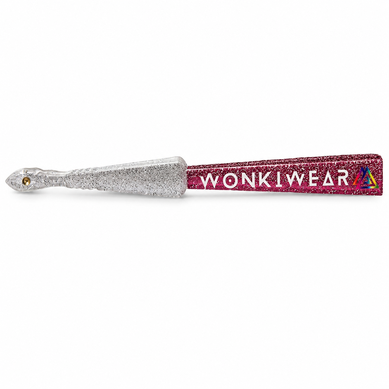 Transparent glitter-filled plastic handle detail on light pink folding fan