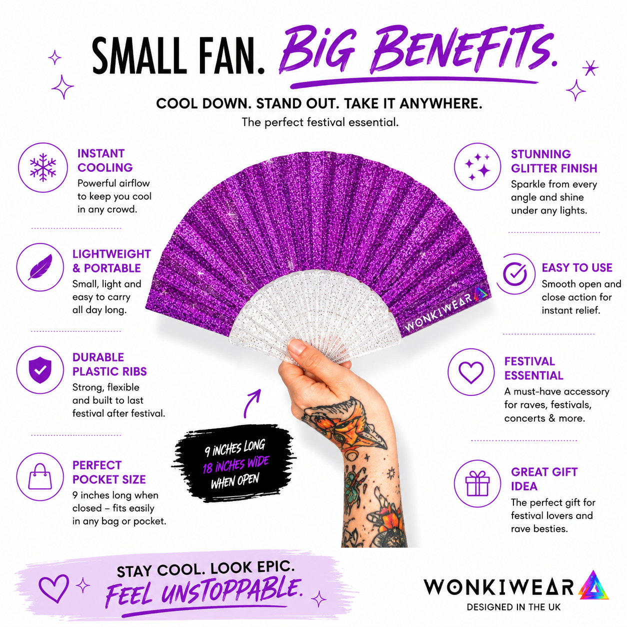 Benefits infographic showing features of small purple glitter folding fan
