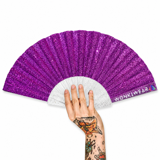 Small purple glitter folding hand fan with transparent glitter-filled plastic ribs