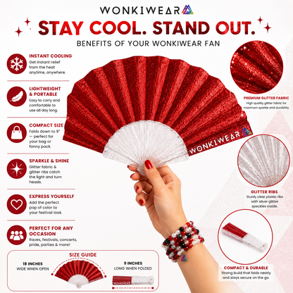 Benefits infographic showing features of red glitter folding fan