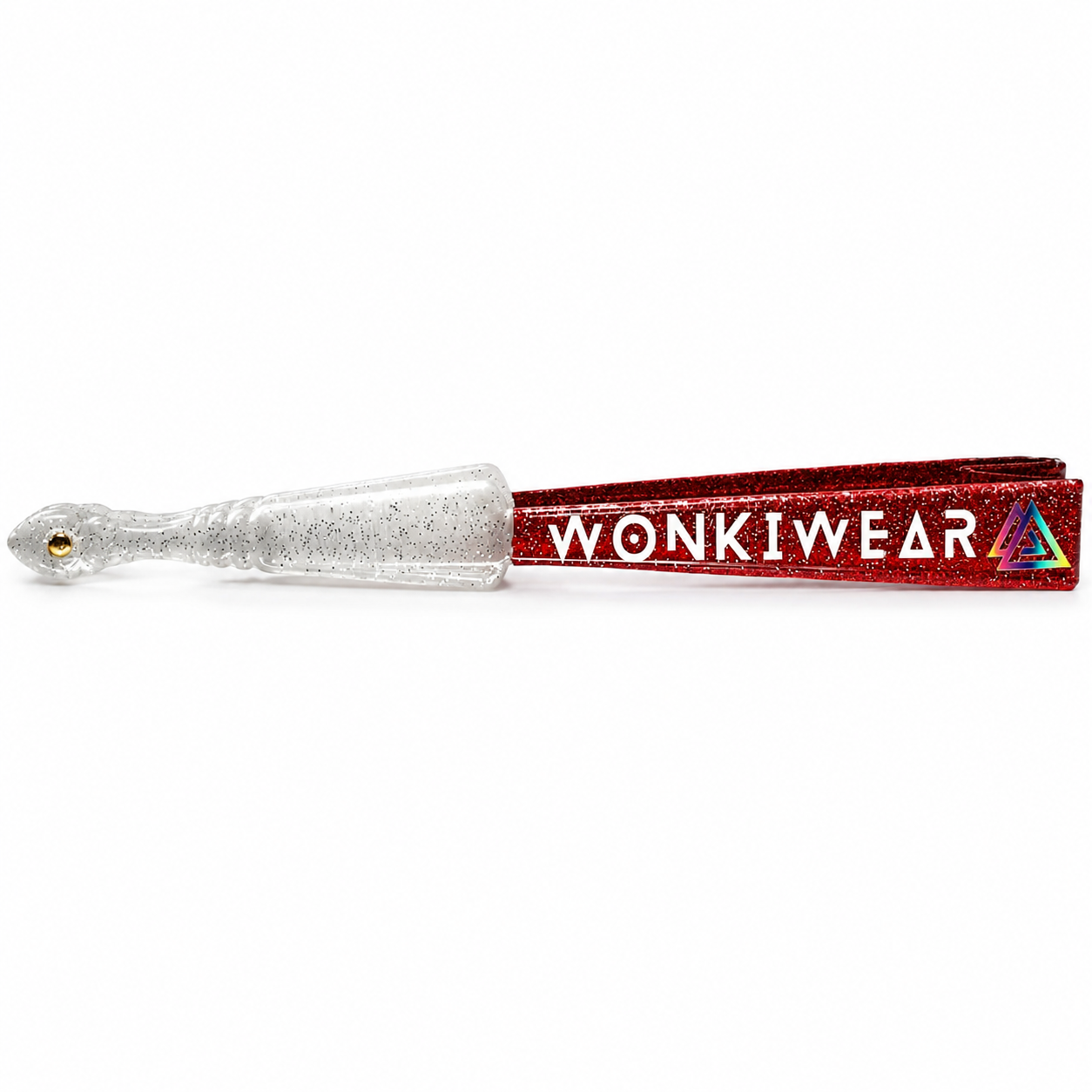 Folded red glitter fan showing transparent plastic handle with silver glitter speckles