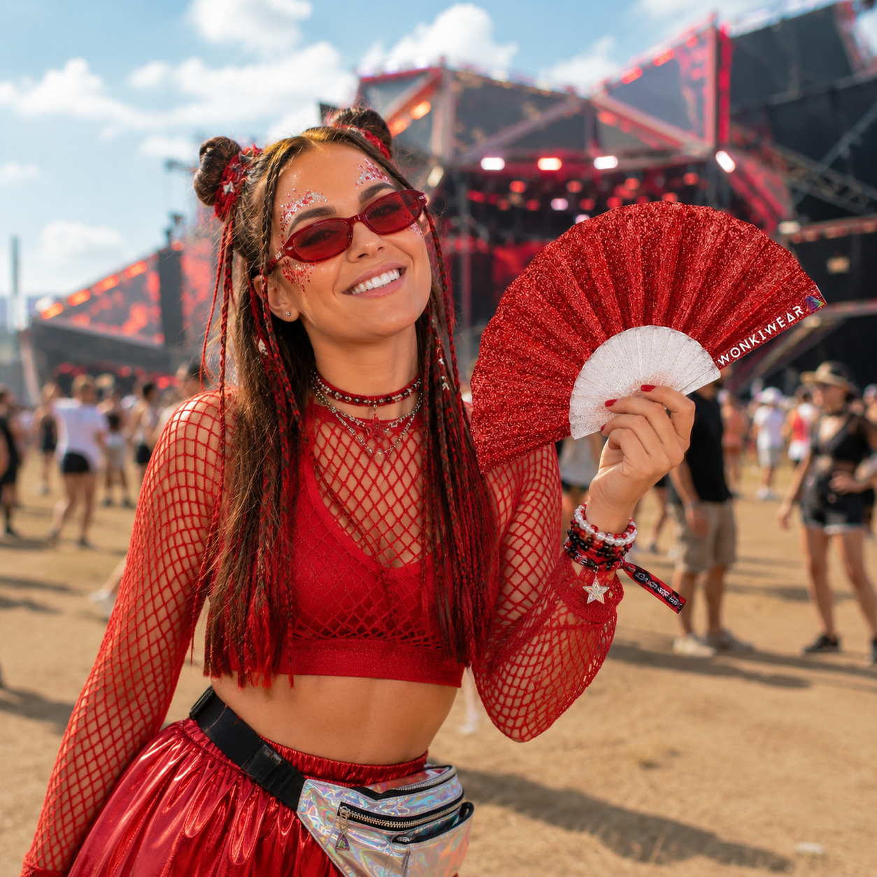 Woman using red glitter folding fan at outdoor music festival
