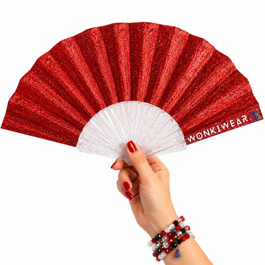 Small red glitter folding hand fan with transparent glitter-filled plastic ribs