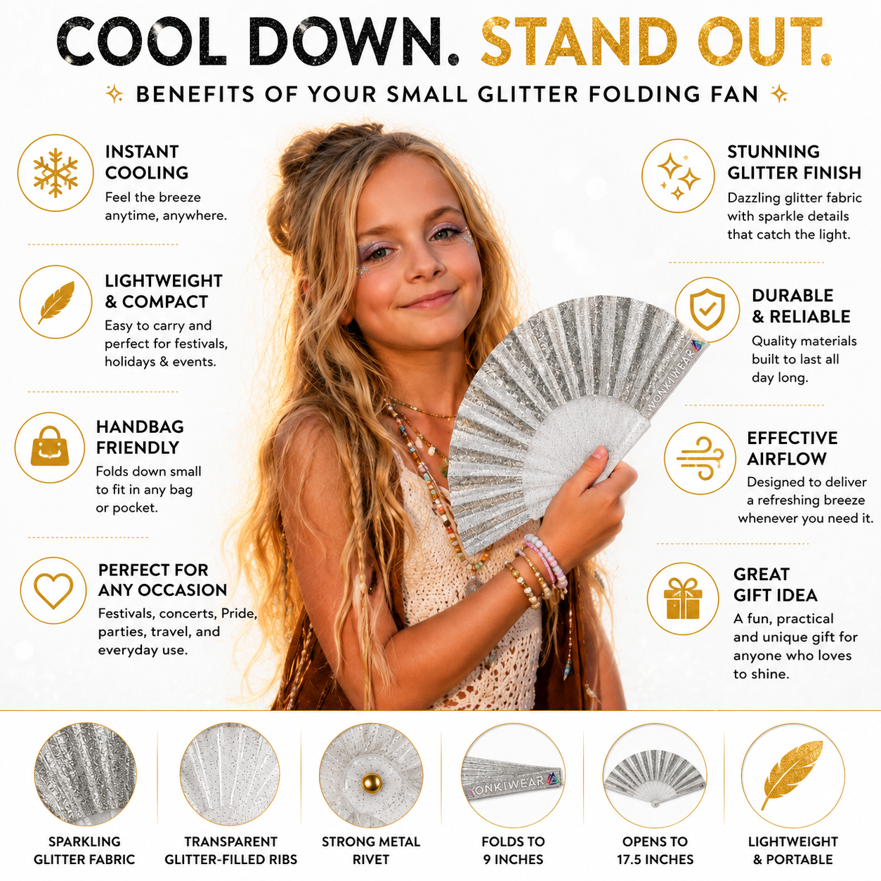 Benefits infographic showing the features of the small silver glitter folding fan including portability and cooling airflow