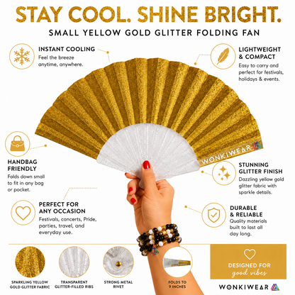 Benefits infographic showing features of the small yellow gold glitter folding fan