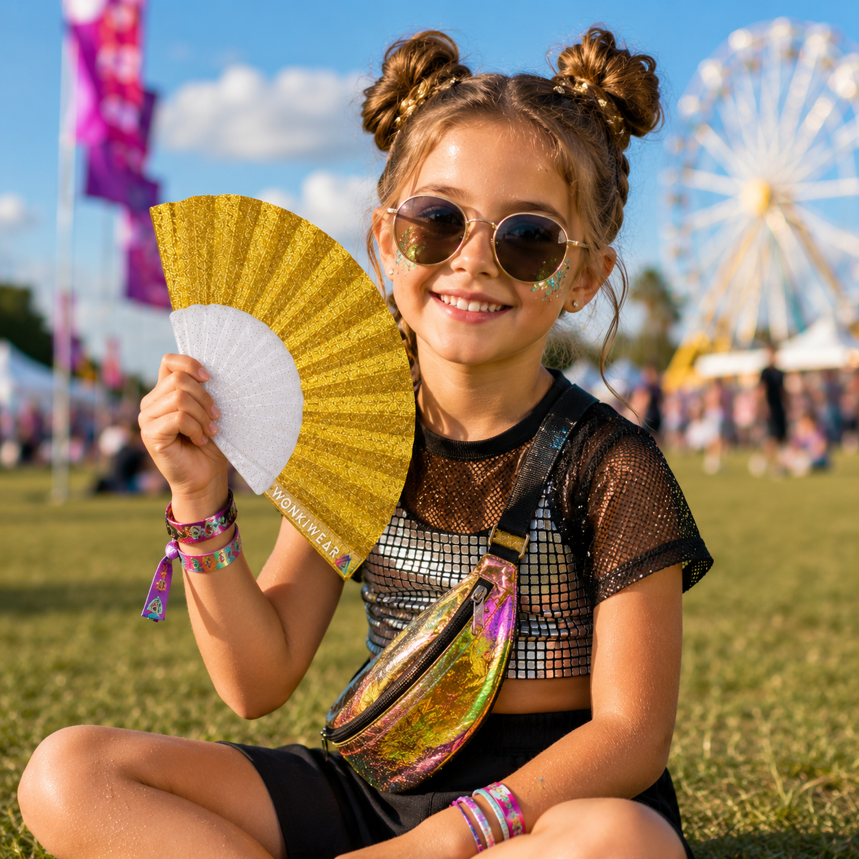 Child holding yellow gold glitter folding fan at outdoor event