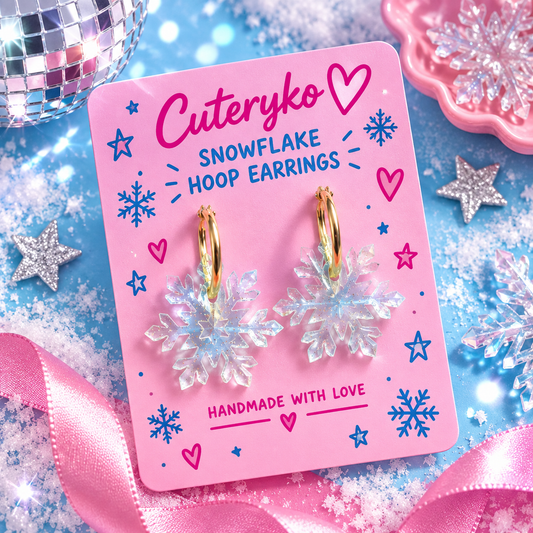 Snowflake hoop earrings with translucent glitter snowflake charms by Cuteryko