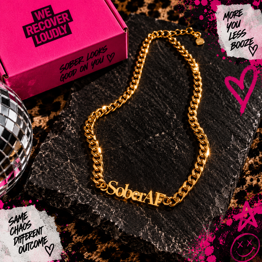 Gold Sober AF statement necklace with chunky Cuban-style chain