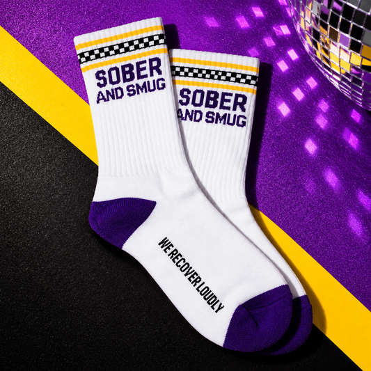 Sober and Smug white statement socks with purple, yellow and checkerboard detailing
