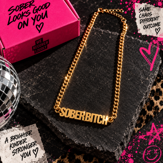 Gold Sober Bitch statement necklace with chunky Cuban-style chain