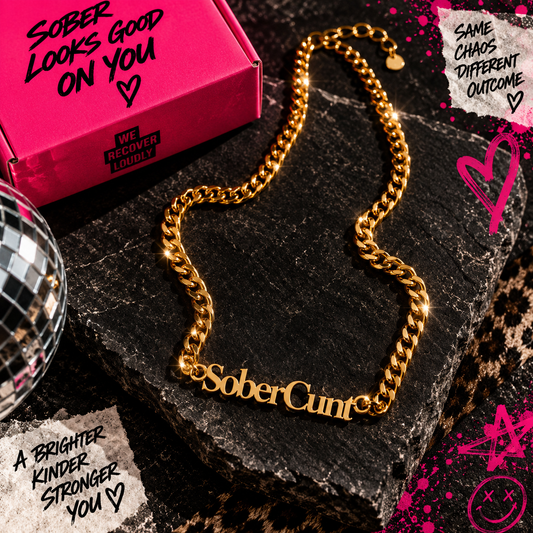 Gold Sober Cunt statement necklace with chunky Cuban-style chain