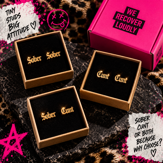 Gold-tone Sober and Cunt statement stud earrings in three wording options