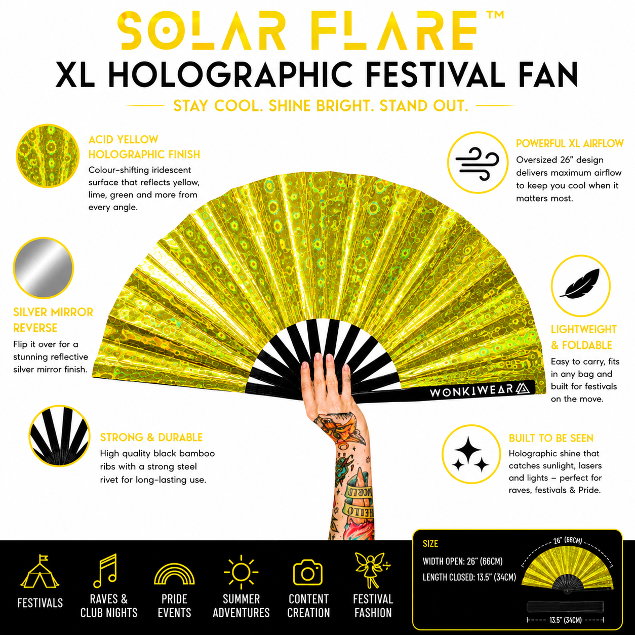 Benefits infographic showing airflow, holographic finish and silver mirror reverse